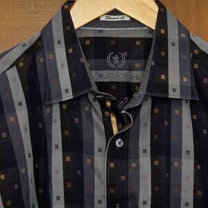 BUGATCHI UOMO Shaped Fit Gray & Gold Cotton L/S Sz Large